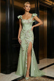 Green Mermaid Sequins Corset Floral Long Evening Dress with Slit