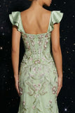 Green Mermaid Sequins Corset Floral Long Evening Dress with Slit