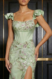 Green Mermaid Sequins Corset Floral Long Evening Dress with Slit