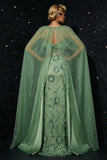 Green Spaghetti Straps Embroidery Corset Ruffled Mermaid Evening Dress with Slit