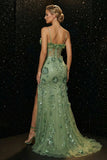 Green Mermaid Corset 3D Flowers Long Evening Dress with Slit
