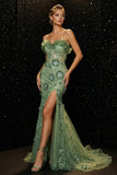 Green Mermaid Corset 3D Flowers Long Evening Dress with Slit