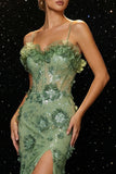 Green Mermaid Corset 3D Flowers Long Evening Dress with Slit