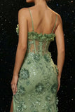 Green Mermaid Corset 3D Flowers Long Evening Dress with Slit