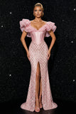 Sparkly Pink Corset Mermaid Ruffle Sleeves Sequin Long Evening Dress with Slit