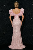 Sparkly Pink Corset Mermaid Ruffle Sleeves Sequin Long Evening Dress with Slit