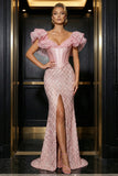 Sparkly Pink Corset Mermaid Ruffle Sleeves Sequin Long Evening Dress with Slit