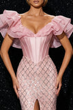Sparkly Pink Corset Mermaid Ruffle Sleeves Sequin Long Evening Dress with Slit