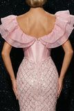 Sparkly Pink Corset Mermaid Ruffle Sleeves Sequin Long Evening Dress with Slit