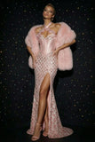 Halter Pink Sequins Mermaid Basque Waist Corset Long Evening Dress with Slit
