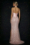 Halter Pink Sequins Mermaid Basque Waist Corset Long Evening Dress with Slit