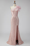 Sparkly Pink One Shoulder Mermaid Corset Long Evening Dress with Slit
