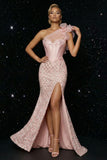 Sparkly Pink One Shoulder Mermaid Corset Long Evening Dress with Slit