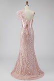 Sparkly Pink One Shoulder Mermaid Corset Long Evening Dress with Slit