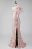 Sparkly Pink One Shoulder Mermaid Corset Long Evening Dress with Slit
