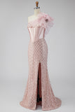 Pink Satin Mermaid Sequins Pearls One Shoulder Corset Long Prom Dress with Slit