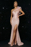 Sparkly Pink One Shoulder Mermaid Corset Long Evening Dress with Slit