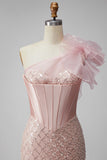 Pink Satin Mermaid Sequins Pearls One Shoulder Corset Long Prom Dress with Slit