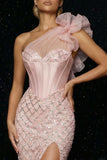 Sparkly Pink One Shoulder Mermaid Corset Long Evening Dress with Slit