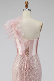 Sparkly Pink One Shoulder Mermaid Corset Long Evening Dress with Slit