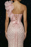 Sparkly Pink One Shoulder Mermaid Corset Long Evening Dress with Slit