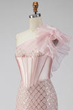 Sparkly Pink One Shoulder Mermaid Corset Long Evening Dress with Slit