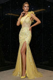 Yellow One Shoulder Sheer Corset Mermaid Sequin Long Evening Dress with Slit