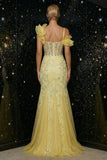 Yellow One Shoulder Sheer Corset Mermaid Sequin Long Evening Dress with Slit