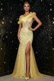 Yellow One Shoulder Sheer Corset Mermaid Sequin Long Evening Dress with Slit