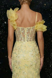 Yellow One Shoulder Sheer Corset Mermaid Sequin Long Evening Dress with Slit
