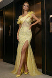 Yellow One Shoulder Sheer Corset Mermaid Sequin Long Evening Dress with Slit