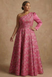 One Shoulder Fuchsia Floral A-Line Long Mother of the Bride Dress