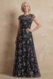 Blue Embroidered A-Line Cap Sleeves Long Mother of the Bride Dress