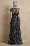 Blue Embroidered A-Line Cap Sleeves Long Mother of the Bride Dress