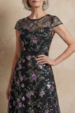 Blue Embroidered A-Line Cap Sleeves Long Mother of the Bride Dress