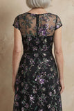 Blue Embroidered A-Line Cap Sleeves Long Mother of the Bride Dress