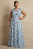 Blue Embroidered A-Line Cap Sleeves Long Mother of the Bride Dress