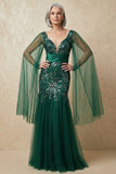Sparkly Mermaid Dark Green Sequins Mother of the Bride Dress with Cape Sleeves
