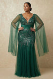 Sparkly Mermaid Dark Green Sequins Mother of the Bride Dress with Cape Sleeves