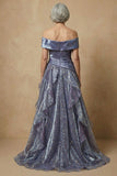 Dusty Blue Off The Shoulder Ruffled A-Line Long Mother of the Bride Dress