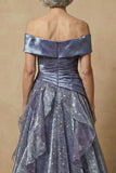Dusty Blue Off The Shoulder Ruffled A-Line Long Mother of the Bride Dress