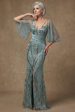 Sparkly Grey Green Mermaid Half Sleeves Sequins Mother of the Bride Dress with Slit