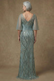 Sparkly Grey Green Mermaid Half Sleeves Sequins Mother of the Bride Dress with Slit