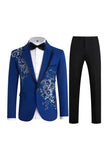 Blue 2 Piece One Button Notched Lapel Men's Prom Suits with Embroidery