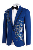Blue 2 Piece One Button Notched Lapel Men's Prom Suits with Embroidery