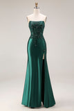 Dark Green Strapless Mermaid Long Satin Prom Dress with Slit