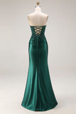 Dark Green Strapless Mermaid Long Satin Prom Dress with Slit