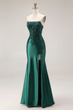 Dark Green Strapless Mermaid Long Satin Prom Dress with Slit