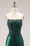 Dark Green Strapless Mermaid Long Satin Prom Dress with Slit