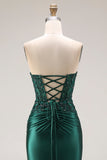 Dark Green Strapless Mermaid Long Satin Prom Dress with Slit